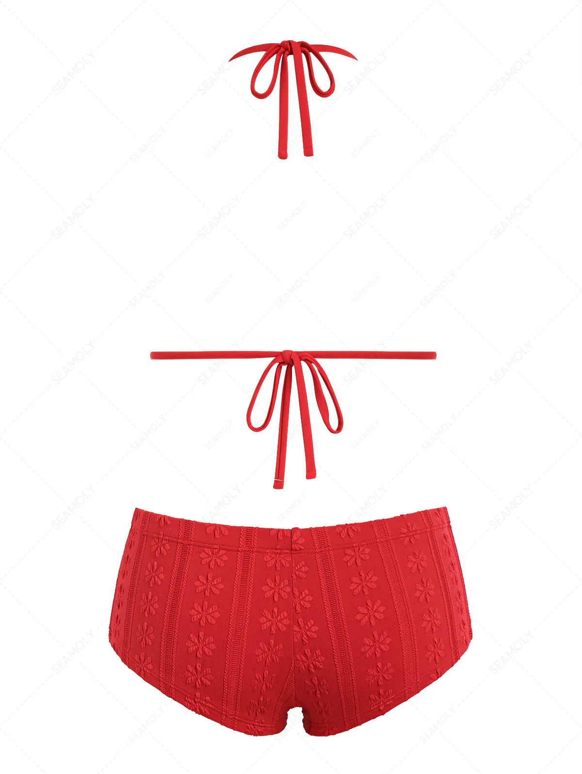 Seamolly Floral Jacquard Lace Bowknot Cheeky Boyshorts Bikini Set - Image 2