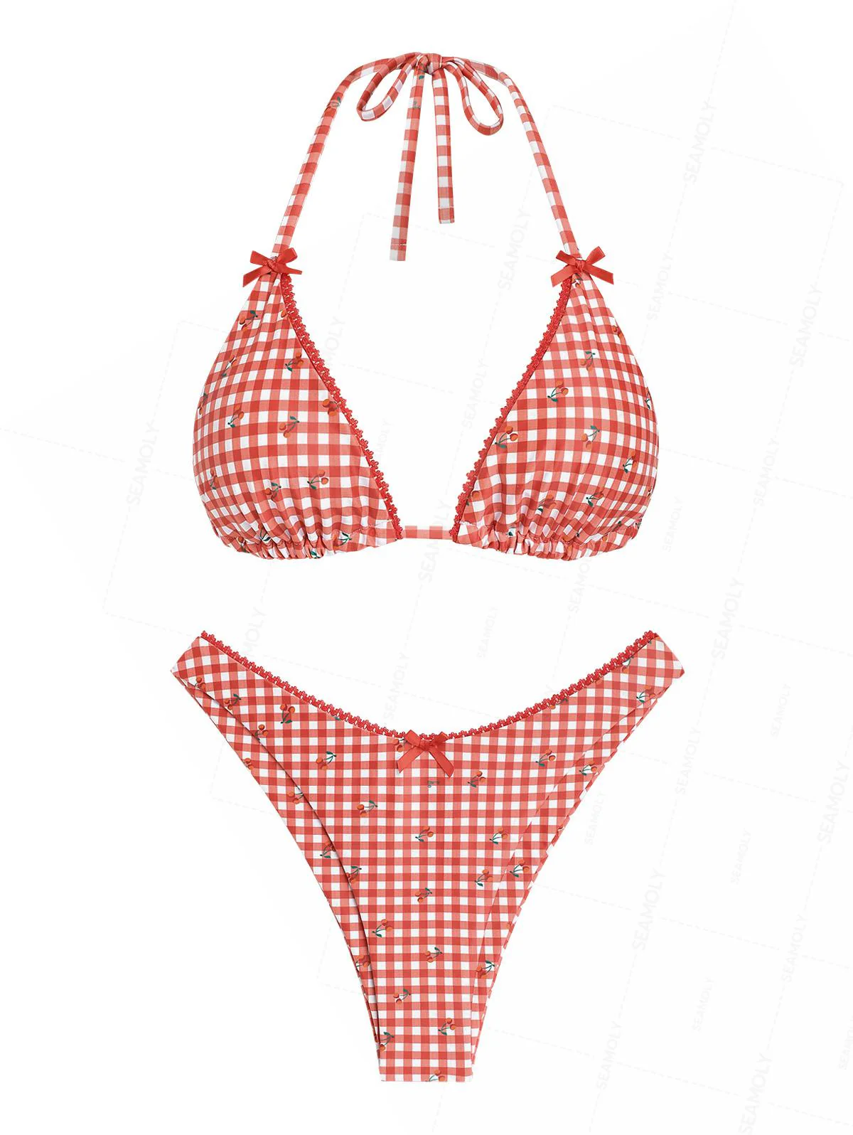Seamolly Gingham Cherry Print Spitzen-Bikini-Set mit Schleife - Image 2