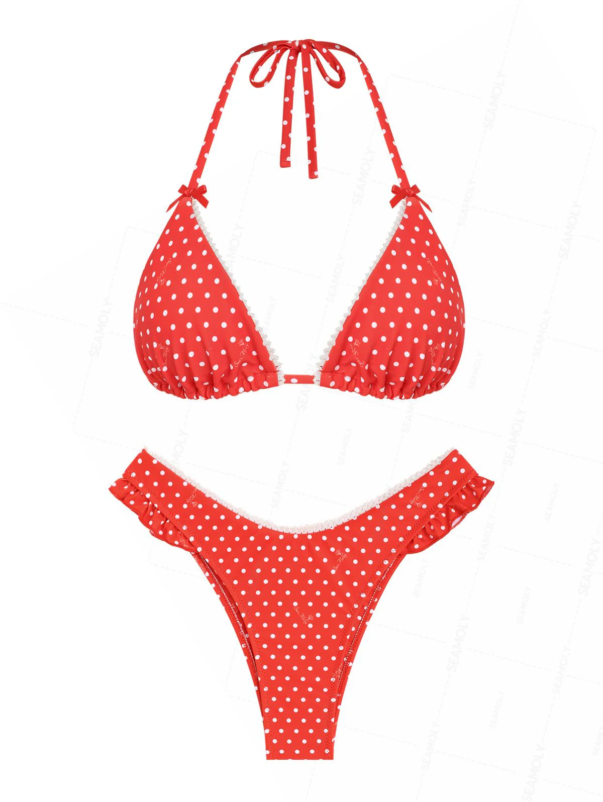 Seamolly Weihnachten Vintage Polka Dot Spitze Schleife Neckholder Triangel-Bikini-Set