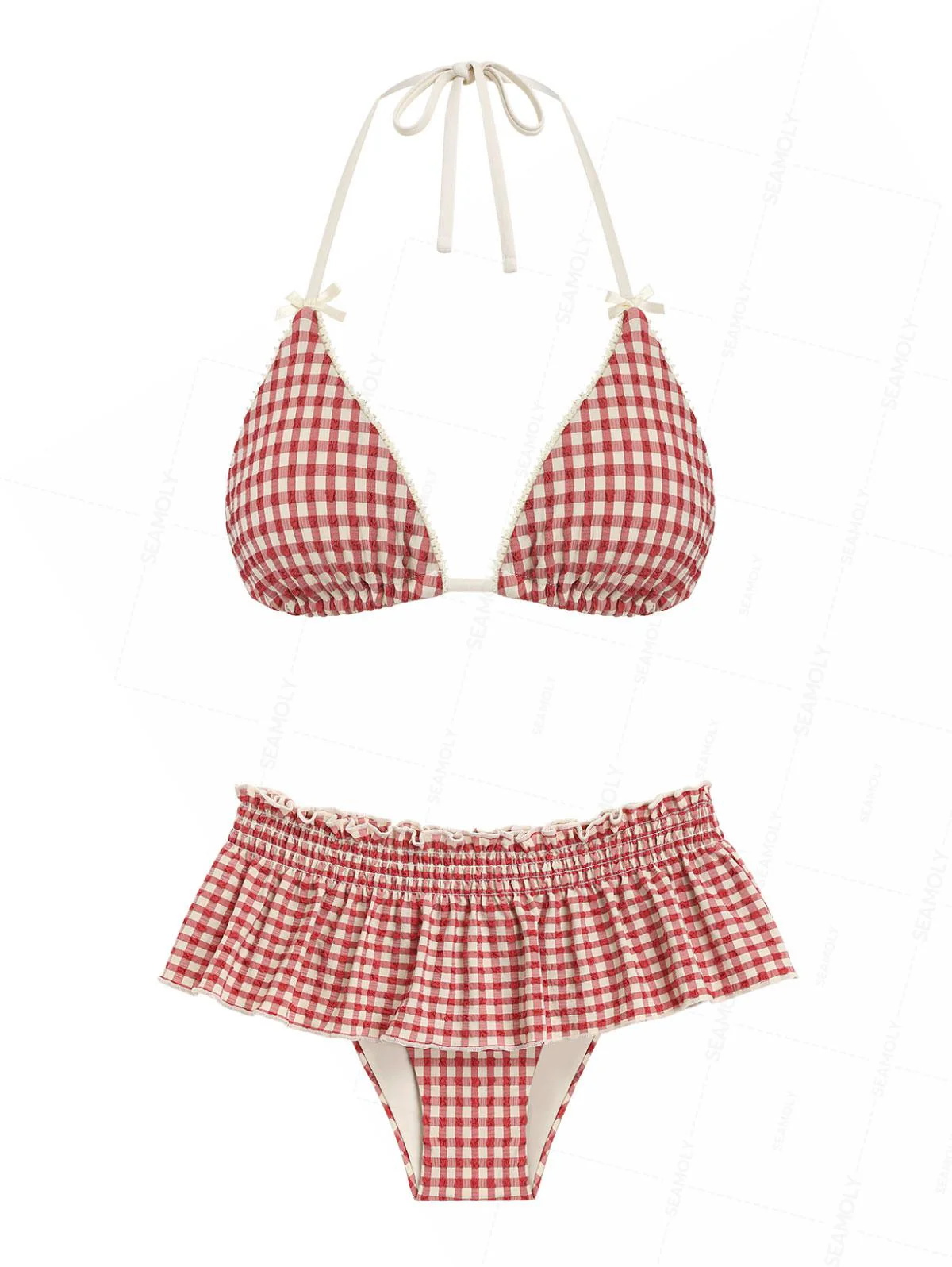 Seamolly Gingham Lace Bowknot Smocked Ruffles Skirtini Bikini Set