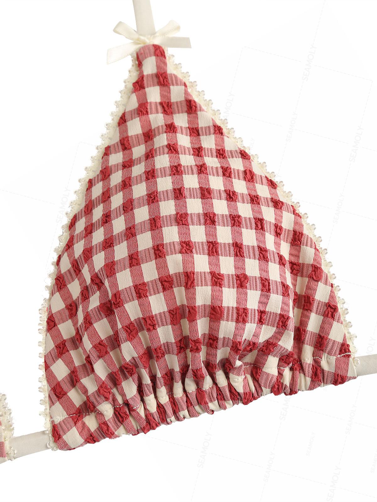 Seamolly Gingham Lace Bowknot Smocked Ruffles Skirtini Bikini Set - Image 3