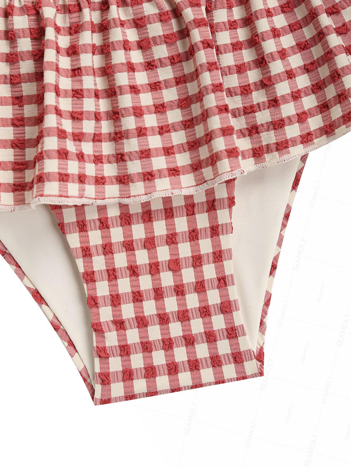 Seamolly Gingham Lace Bowknot Smocked Ruffles Skirtini Bikini Set - Image 5