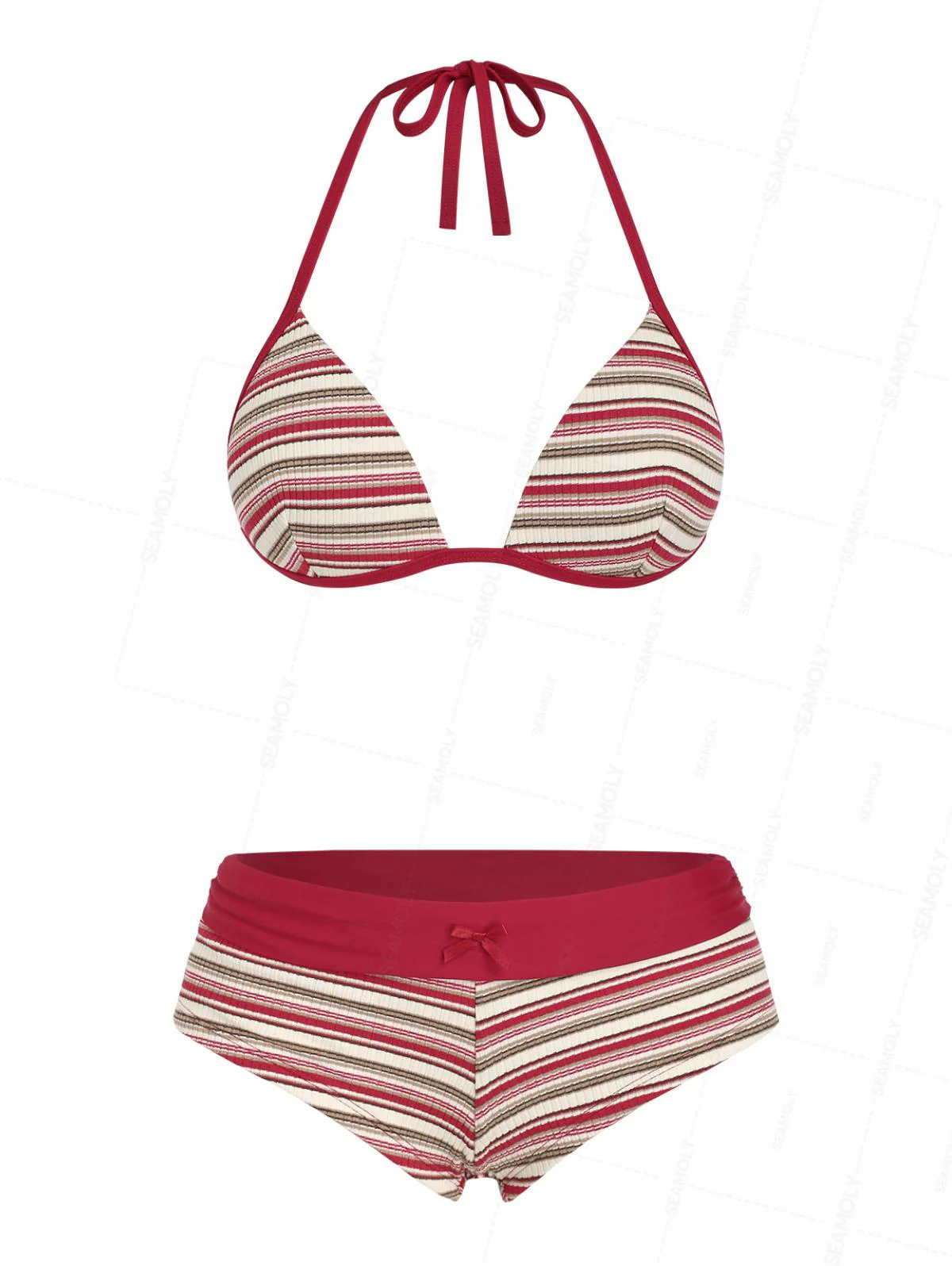 Seamolly Y2K Bikini-Set mit Streifen, Rippstrick, Push-up-Oberteil und frechen Boyshorts zum Umklappen