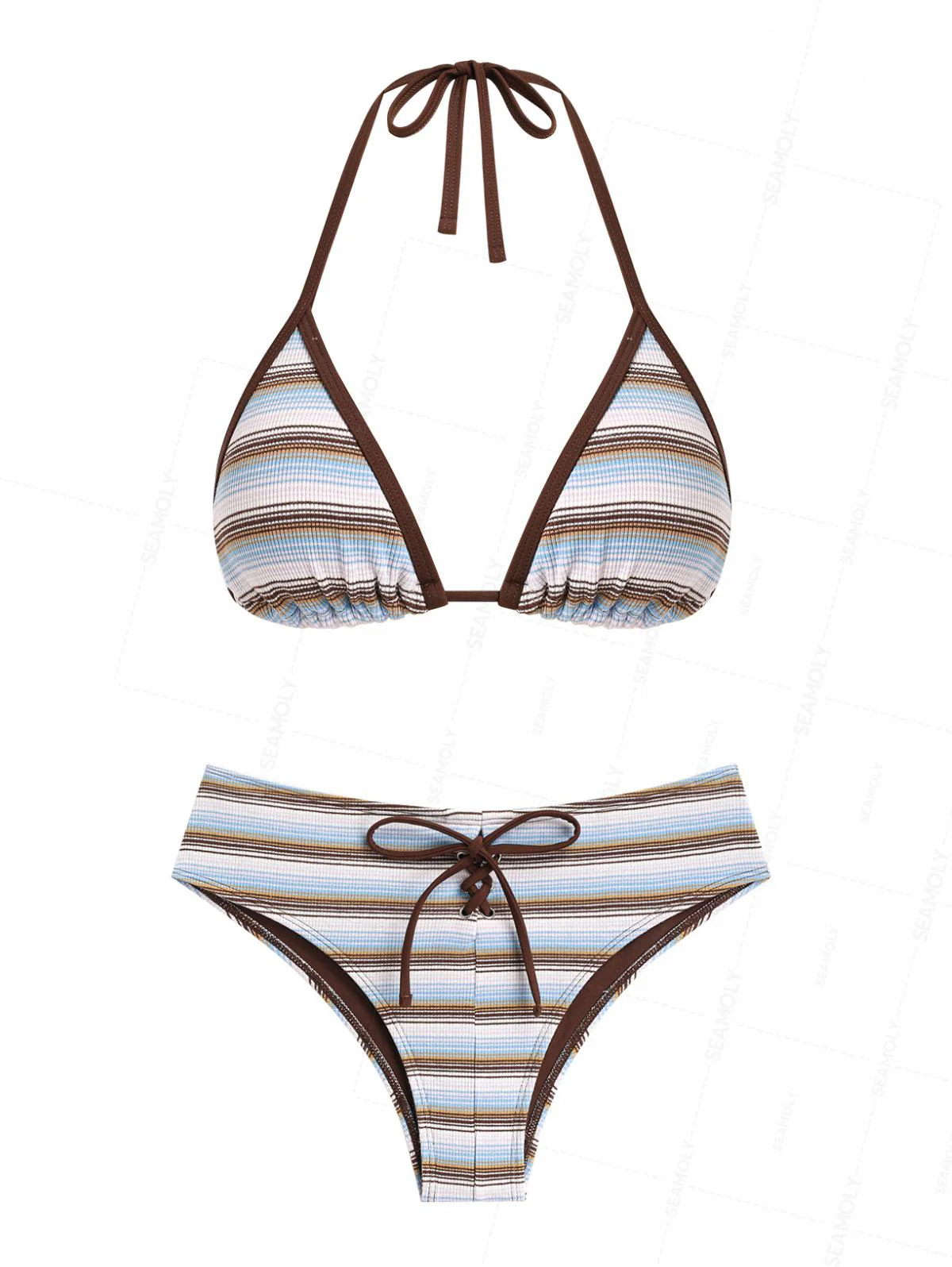 Seamolly Strick-Bikini-Set mit Streifen, Kontrasteinfassung und Schnürung, halbbedeckend