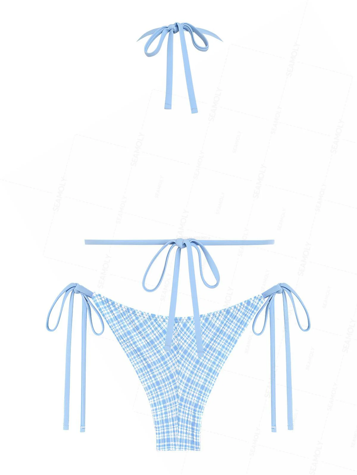 Seamolly Bikini-Set mit kariertem, strukturiertem Schleifen-Halter-Triangel-Top und frechem brasilianischem Höschen - Image 6
