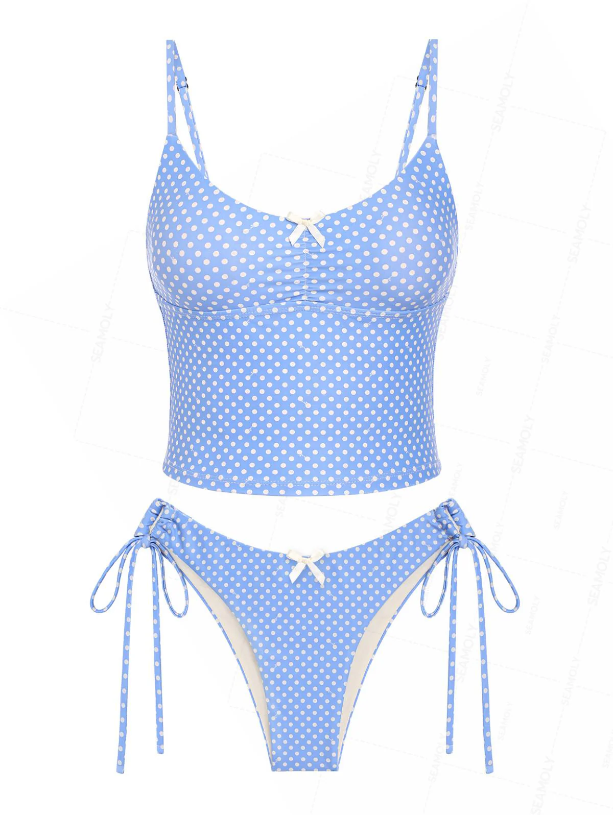 Seamolly Retro Pin-Up Vintage Tankini-Set mit Polka-Dots, geraffter Schleife und seitlichem Bindegürtel
