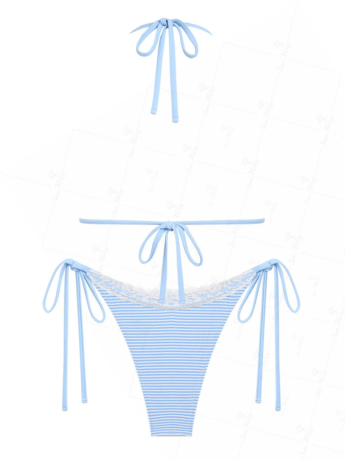 Seamolly Gestreiftes Bikini-Set mit Spitzenbesatz, Schleife und Dekor, Neckholder, Dreieck, seitlich gebunden - Image 4