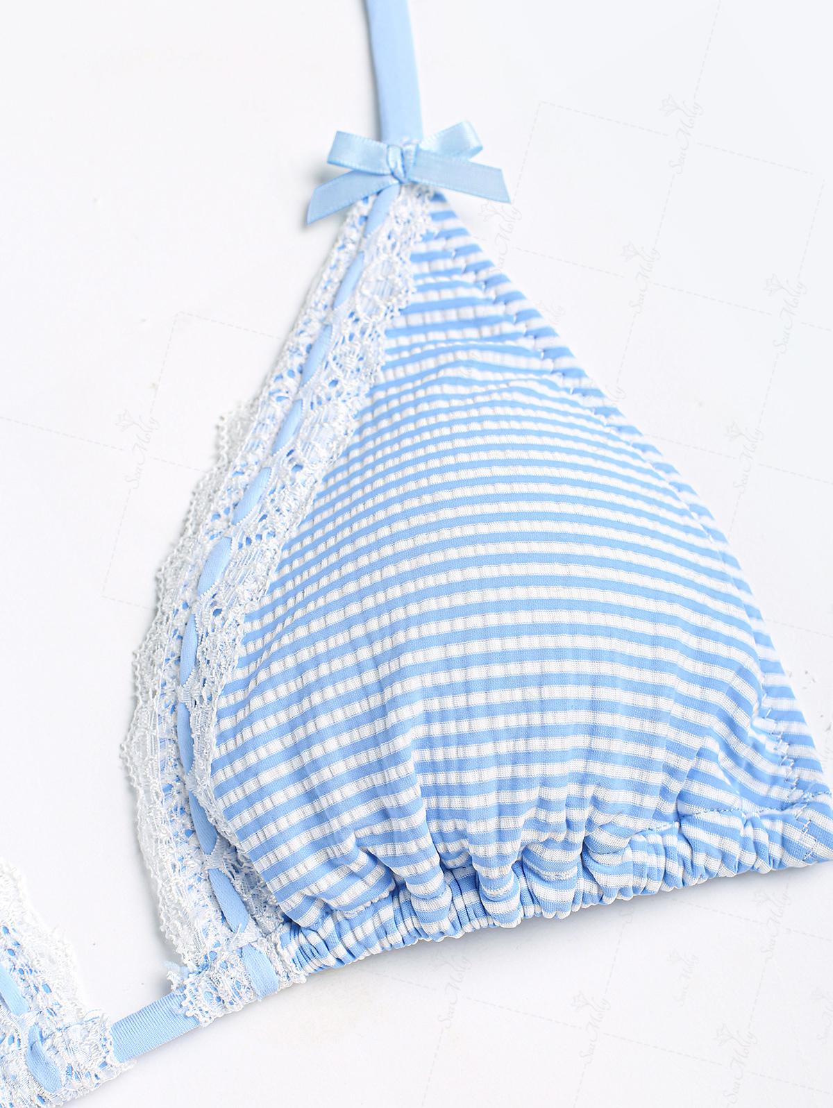 Seamolly Gestreiftes Bikini-Set mit Spitzenbesatz, Schleife und Dekor, Neckholder, Dreieck, seitlich gebunden - Image 5