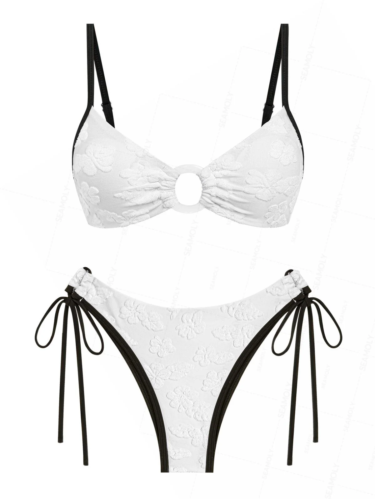 Seamolly Bikini-Set aus Frottee mit floralem Jacquard-Blattmuster und O-Ring-Verzierung