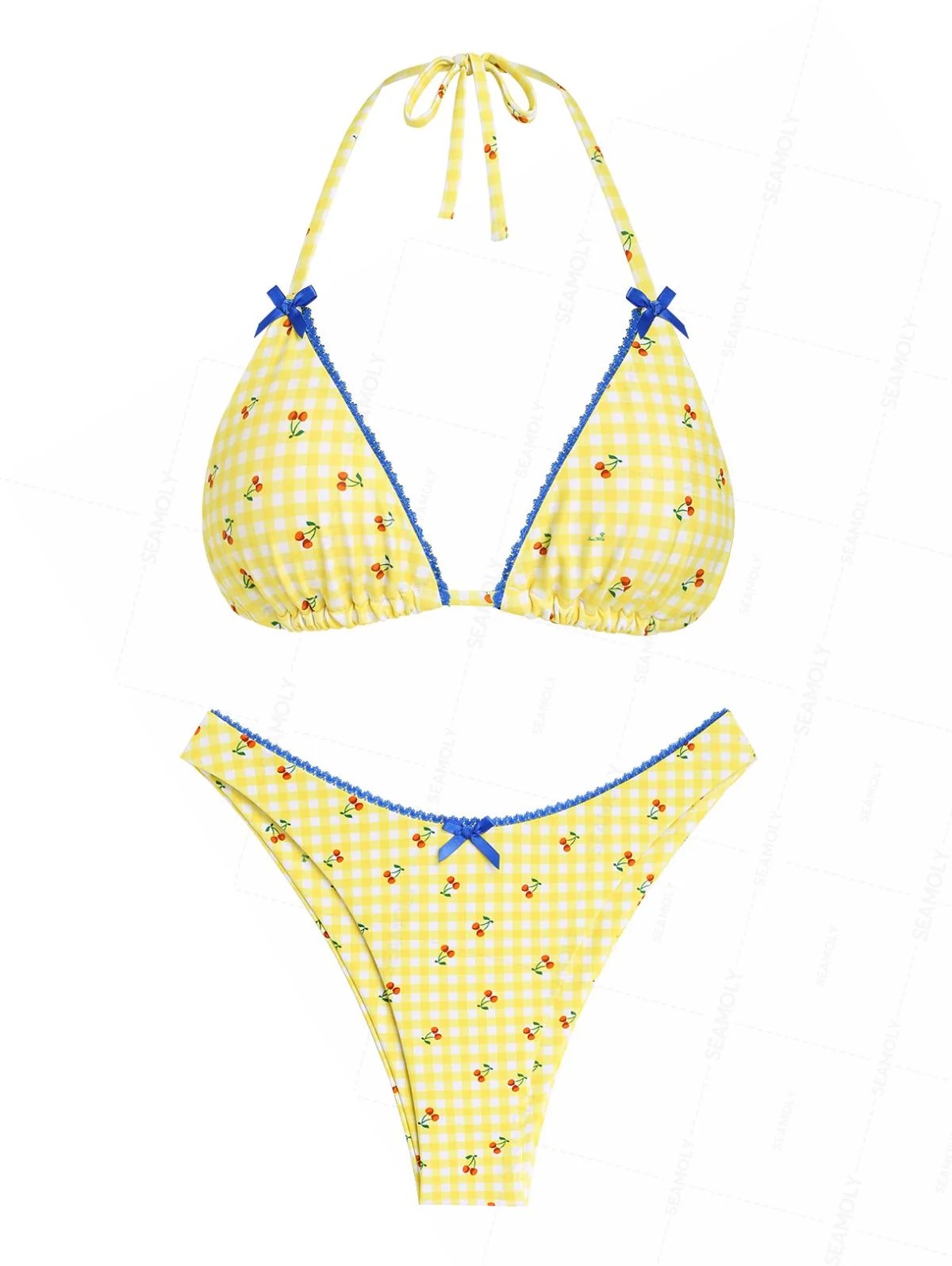 Seamolly Gingham Cherry Print Spitzen-Bikini-Set mit Schleife