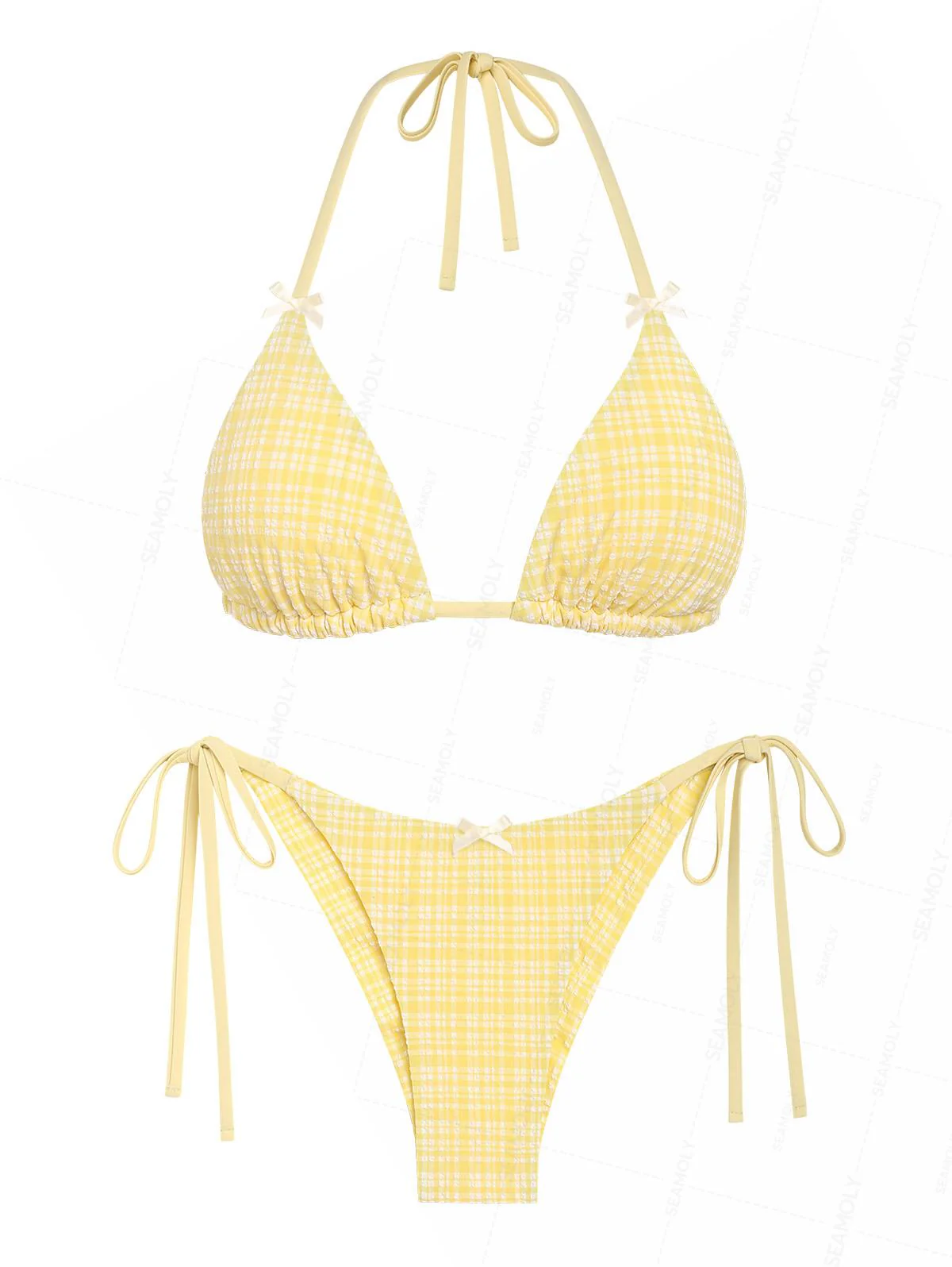 Seamolly kariertes Neckholder-Triangel-Oberteil mit Schleife und freches Bikini-Set mit brasilianischem Unterteil