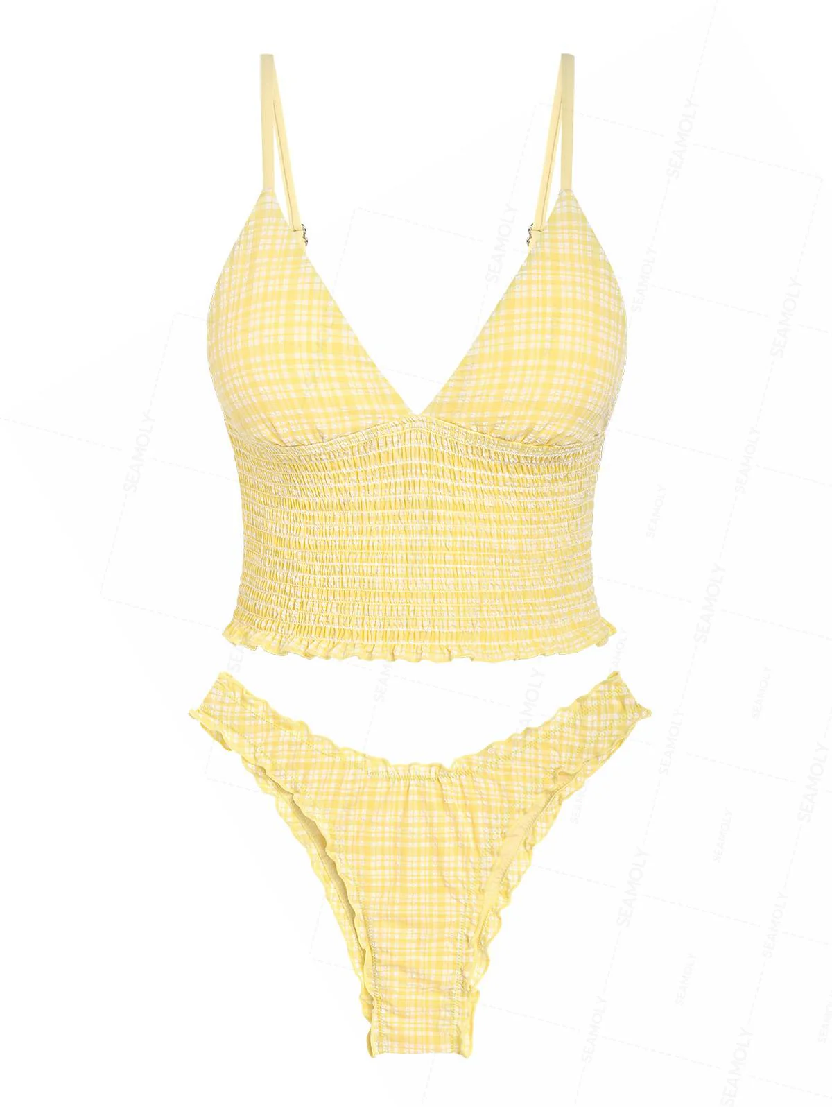 Seamolly – Tankini-Set mit tiefem Ausschnitt, kariert, strukturiert, gesmokt und Rüschen - Image 2