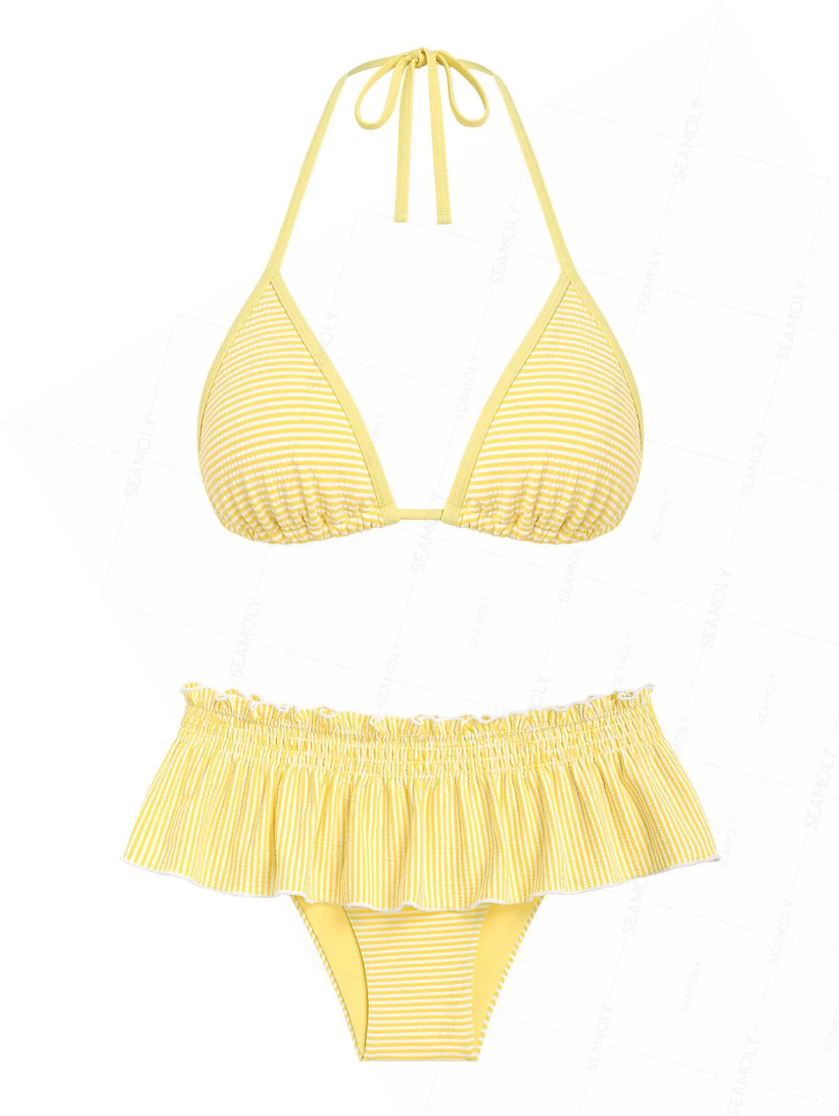 Seamolly Bikini-Set mit Streifen, kontrastfarbener Einfassung und gerafftem Schößchen