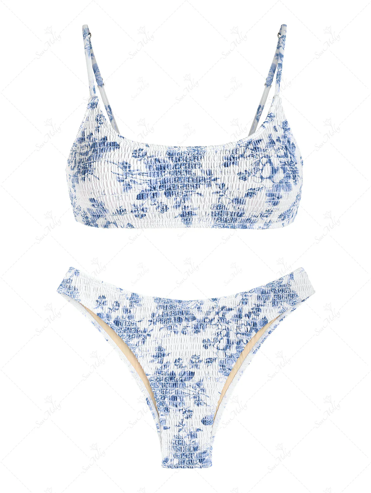 Seamolly – Cheeky-Bikini-Set mit gerüschtem Tanktop und Blumenmuster in Vintage-Blau - Image 6