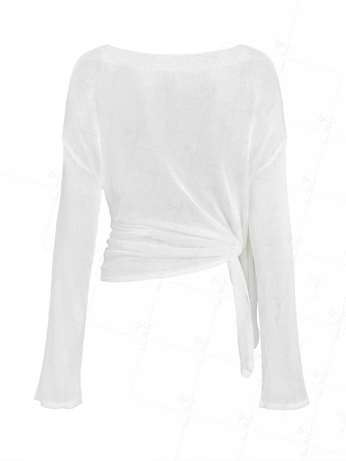 Einfarbiges, seitlich geschlitztes, langärmliges Pullover-Strandoberteil - Image 3