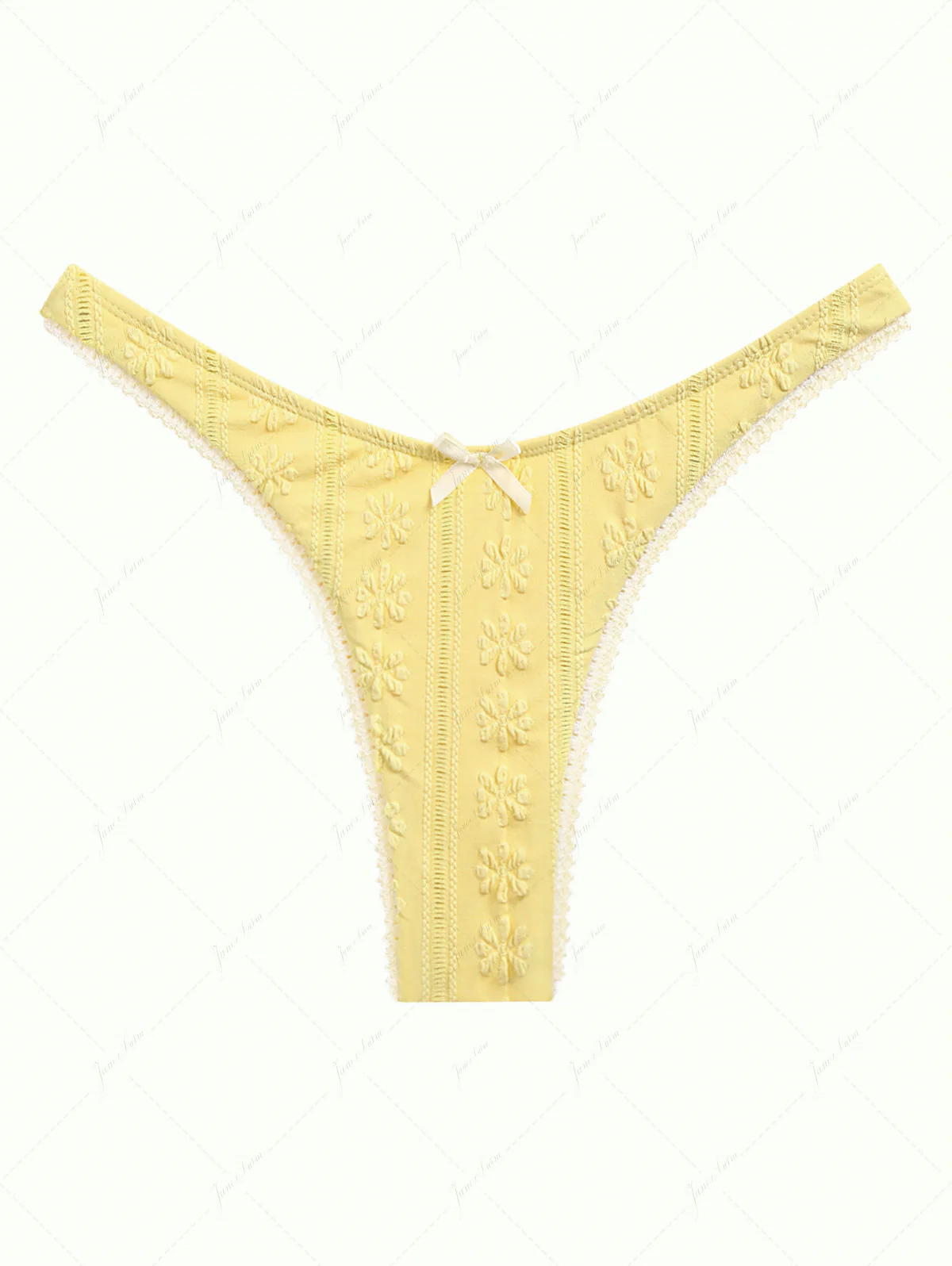 Gelbe, florale Jacquard-Bikinihose mit strukturierter Spitze und Schleife - Image 2