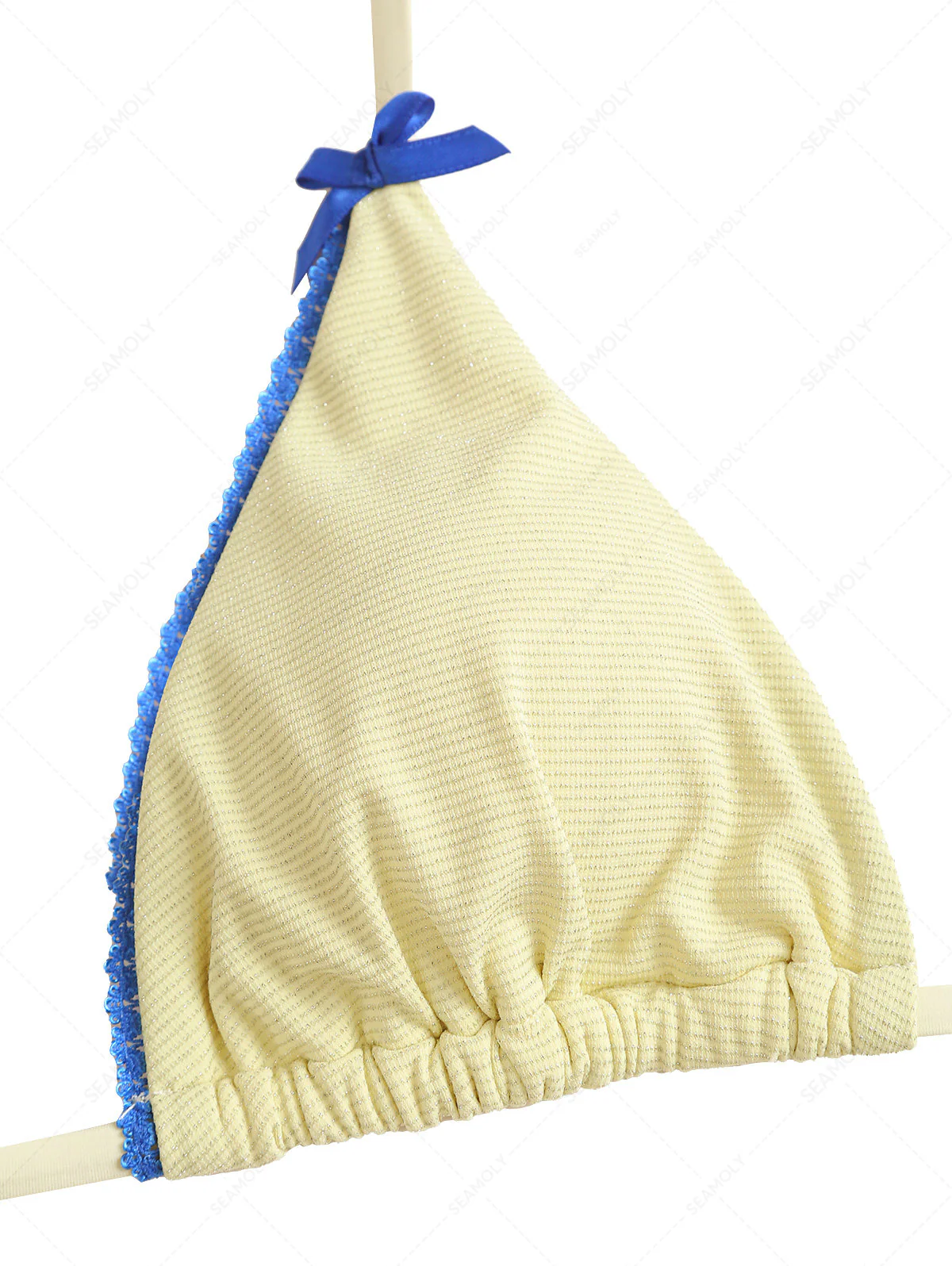 Gelbes Neckholder-Triangel-Bikinioberteil mit glitzernder Spitze und Schleife - Image 3
